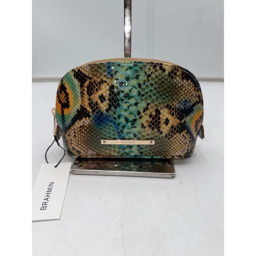 Brahmin Jane Mineral Blue Chevelle Leather Snakeskin Top Zip pouch